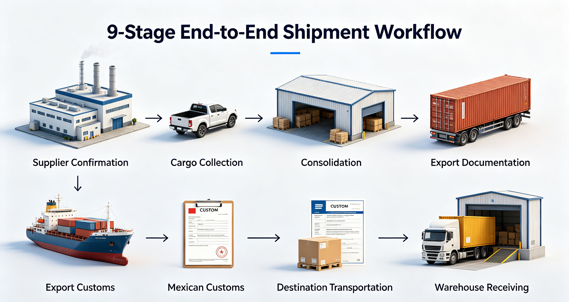 9-stage end-to-end China to Mexico shipment workflow infographic